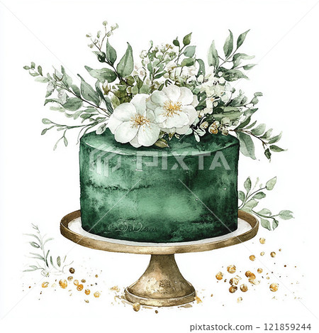 Watercolor green cake with cream drips and flowers. Pastry picture for design on white background 121859244