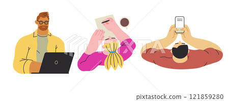 Writing people, modern flat vector concept illustrations set people writing on paper or device. Metaphor for reflection, insight, contemplation, creative expression 121859280