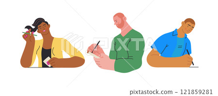 Writing people, modern flat vector concept illustrations set people writing on paper or device. Metaphor for reflection, insight, contemplation, creative expression 121859281