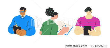 Writing people, modern flat vector concept illustrations set people writing on paper or device. Metaphor for reflection, insight, contemplation, creative expression 121859282