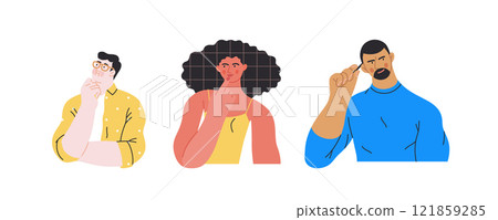 Thinking people, modern flat vector concept illustrations set- people standing thoughtfully. Metaphor for reflection, analysis, introspection, contemplation, deep thought Thinking people, modern flat vector concept illustrations set- people standing thoughtfully. Metaphor for reflection, analysis, introspection, contemplation, deep thought 121859285