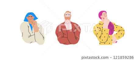 Thinking people, modern flat vector concept illustrations set- people standing thoughtfully. Metaphor for reflection, analysis, introspection, contemplation, deep thought 121859286
