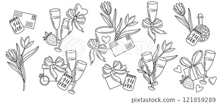 hand drawn Valentines vector illustrations. tulips, champagne glasses, gift boxes, hearts, strawberries, love letters, romantic symbols for celebration in doodle style hand drawn Valentines vector illustrations. tulips, champagne glasses, gift boxes, hearts, strawberries, love letters, romantic symbols for celebration in doodle style 121859289