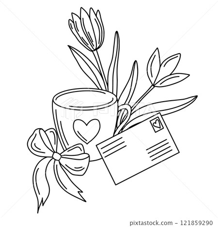 Outline hand drawn Valentines vector illustration with a mug with a heart design, a bouquet of tulips, ribbon bow, and a love letter. A charming composition perfect for Valentines Day cards or designs 121859290