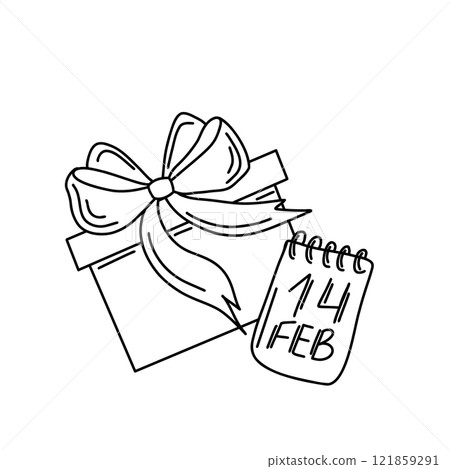 Outline hand drawn vector illustration of a gift box with a ribbon and bow, calendar marking 14 FEB for Valentines Day. A simple, clean design ideal for greeting cards or digital prints 121859291