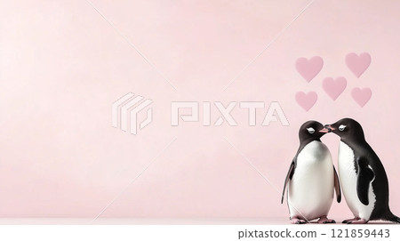 Penguins couple with hearts on soft pink background with ample empty space. Delicate banner, invitation or card for Valentine's Day and wedding 121859443