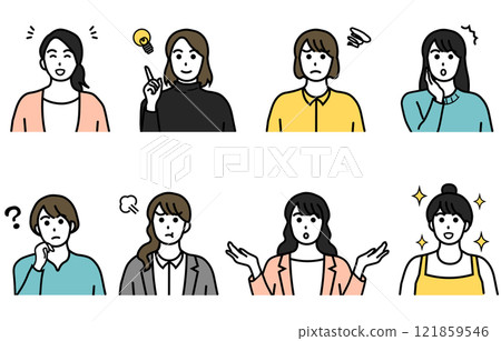 Various facial expressions of women icon illustration set 121859546