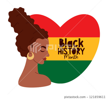 Black History Month. African American curly woman with red, yellow, green heart in colors flag. Vector illustration. Holiday in February in USA, Canada October in UK. Flat festive character girl 121859611