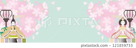 橫幅框架女兒節雛娃娃雛娃娃三月春天櫻花日式背景模板插畫素材 121859733