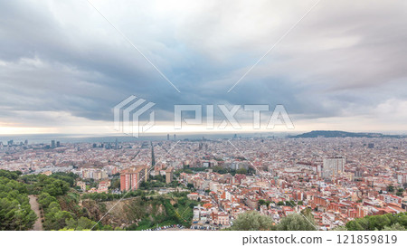 Panorama of Barcelona timelapse, Spain, viewed from the Bunkers of Carmel 121859819