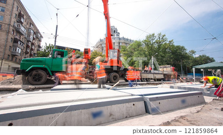 Road construction site with tram tracks repair and maintenance timelapse hyperlapse. 121859864