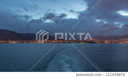 Aerial view of sea with wawes and port from ship sailing in the open sea timelapse 121859878