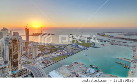 JBR and Bluewaters island at sunset aerial timelapse 121859886