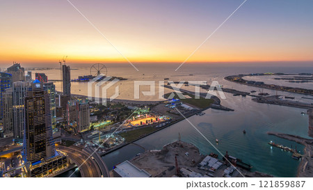 JBR and Bluewaters island aerial day to night timelapse 121859887