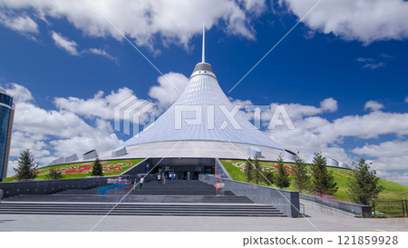 Khan Shatyr timelapse hyperlapse in Astana, Kazakhstan. Residents of the city are walking and resting. 121859928