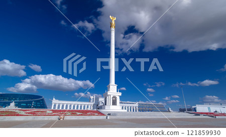 View of the Kazakh Eli Monument timelapse hyperlapse on Independence Square in Astana, the capital of Kazakhstan. 121859930