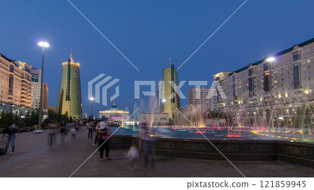 Water-Green Boulevard at night timelapse hyperlapse. President palace in background. Kazakhstan Water-Green Boulevard at night timelapse hyperlapse. President palace in background. Kazakhstan 121859945