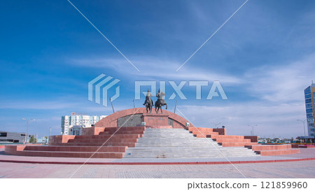 A monument to the Kazakh heroes, Makhambet Utemisov and Isat in city Atyrau timelapse hyperlapse. 121859960