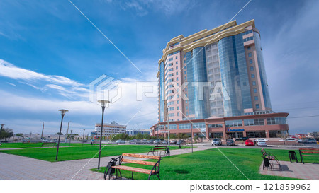 Modern buildings in city Atyrau timelapse hyperlapse. 121859962