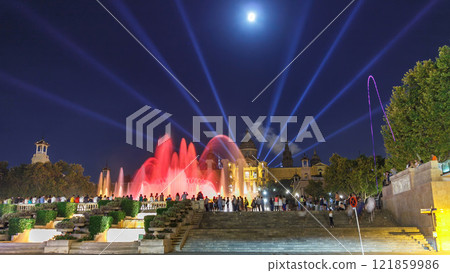 Famous light show and magic fountains timelapse hyperlapse in front of the National Art Museum at Placa Espanya in Barcelona at night, Catalonia, Spain Famous light show and magic fountains timelapse hyperlapse in front of the National Art Museum at Placa Espanya in Barcelona at night, Catalonia, Spain 121859986