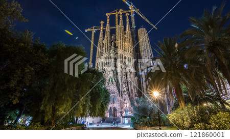 Sagrada Familia, a large church in Barcelona, Spain night timelapse hyperlapse. Sagrada Familia, a large church in Barcelona, Spain night timelapse hyperlapse. 121860001
