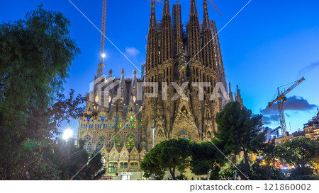 Sagrada Familia, a large church in Barcelona, Spain day to night timelapse. Sagrada Familia, a large church in Barcelona, Spain day to night timelapse. 121860002