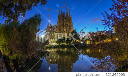 Sagrada Familia, a large church in Barcelona, Spain day to night timelapse. Sagrada Familia, a large church in Barcelona, Spain day to night timelapse. 121860003