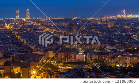 Panorama of Barcelona night to day timelapse, Spain, viewed from the Bunkers of Carmel 121860006