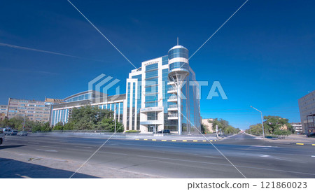 Modern building in the city of Aktau timelapse hyperlapse. 121860023