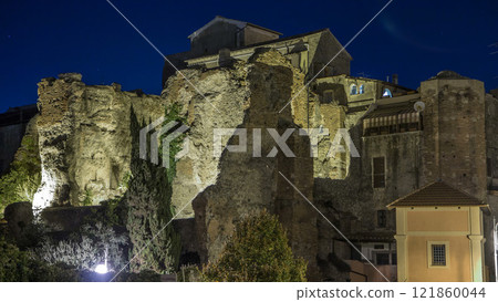 Terme di Caracalla in beautiful town of Albano Laziale night timelapse hyperlapse, Italy 121860044