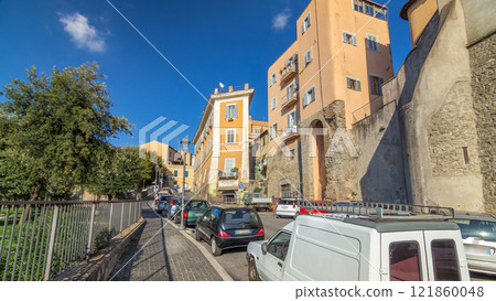 Typical medieval narrow street in beautiful town of Albano Laziale timelapse hyperlapse, Italy 121860048