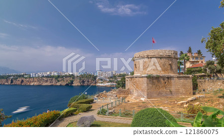 Hidirlik tower in Kas town in Antalya timelapse hyperlapse with view of harbor marine bay is a old city Hidirlik tower in Kas town in Antalya timelapse hyperlapse with view of harbor marine bay is a old city 121860075