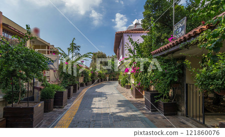 Street of old traditional turkish houses of Antalya city timelapse hyperlapse. Turkey 121860076