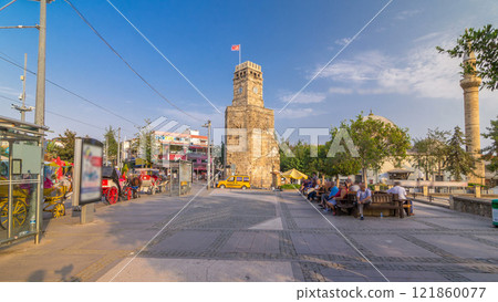 Clock tower in the Historic part of Antalya Kaleici timelapse hyperlapse, Turkey. Old town of Antalya is a popular destination among tourists Clock tower in the Historic part of Antalya Kaleici timelapse hyperlapse, Turkey. Old town of Antalya is a popular destination among tourists 121860077