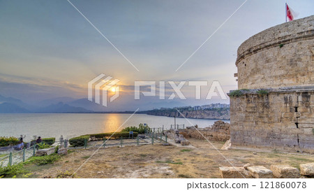 Hidirlik tower in Kas town in Turkey timelapse with view of harbor marine bay is a old city Hidirlik tower in Kas town in Turkey timelapse with view of harbor marine bay is a old city 121860078