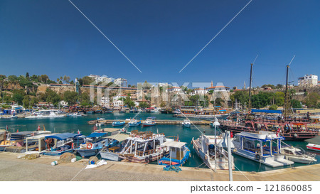 Yacht harbor and houses in Old town timelapse hyperlapse Antalya, Turkey. Yacht harbor and houses in Old town timelapse hyperlapse Antalya, Turkey. 121860085