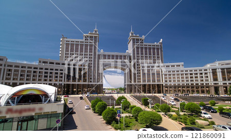 New business district timelapse hyperlapse from bridge in the capital of Kazakhstan in Astana. 121860091