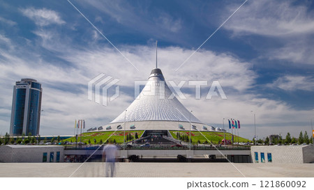 Khan Shatyr timelapse hyperlapse in Nur-Sultan, Kazakhstan. Residents of the city are walking and resting. 121860092