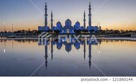 Sheikh Zayed Grand Mosque in Abu Dhabi day to night timelapse after sunset, UAE Sheikh Zayed Grand Mosque in Abu Dhabi day to night timelapse after sunset, UAE 121860144