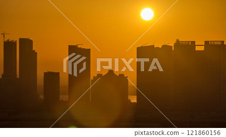 Buildings on Al Reem island in Abu Dhabi at sunset timelapse from above. 121860156