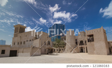 Historic fort at the Museum of Ajman timelapse hyperlapse, United Arab Emirates Historic fort at the Museum of Ajman timelapse hyperlapse, United Arab Emirates 121860163