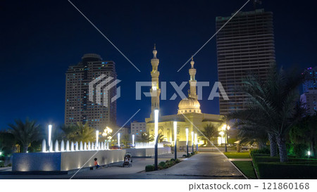 Al Noor Mosque in Sharjah at night timelapse. United Arab Emirates Al Noor Mosque in Sharjah at night timelapse. United Arab Emirates 121860168