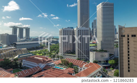 A beautiful morning panorama with Marina Bay area and skyscrapers city skyline aerial timelapse hyperlapse. A beautiful morning panorama with Marina Bay area and skyscrapers city skyline aerial timelapse hyperlapse. 121860283