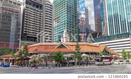 Telok ayer market with tall skyscrapers on a background timelapse hyperlapse. 121860285