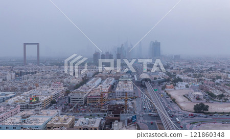 Dubai cityscape during sand storm day to night timelapse Dubai cityscape during sand storm day to night timelapse 121860348