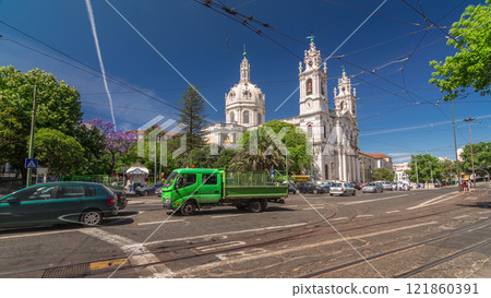 View on the Basilica da Estrela from the streets of Lisbon timelapse hyperlapse, Portugal. 121860391