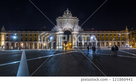 Triumphal arch at Rua Augusta at Commerce square night timelapse hyperlapse in Lisbon, Portugal. Triumphal arch at Rua Augusta at Commerce square night timelapse hyperlapse in Lisbon, Portugal. 121860441