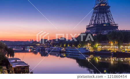 Eiffel Tower and the Seine river night to day timelapse, Paris, France 121860454