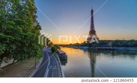 Eiffel Tower and the Seine river at Sunrise timelapse, Paris, France 121860455