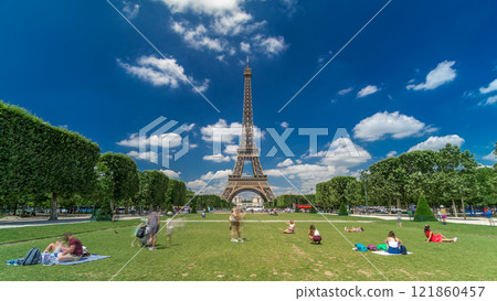 Eiffel Tower on Champs de Mars in Paris timelapse hyperlapse, France 121860457